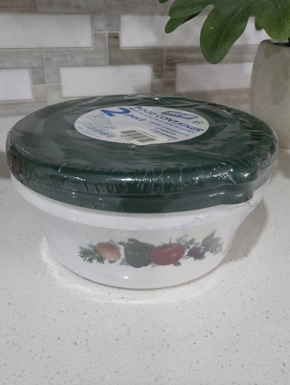 Fruit Pattern White Plastic Food Container with Green Lid -